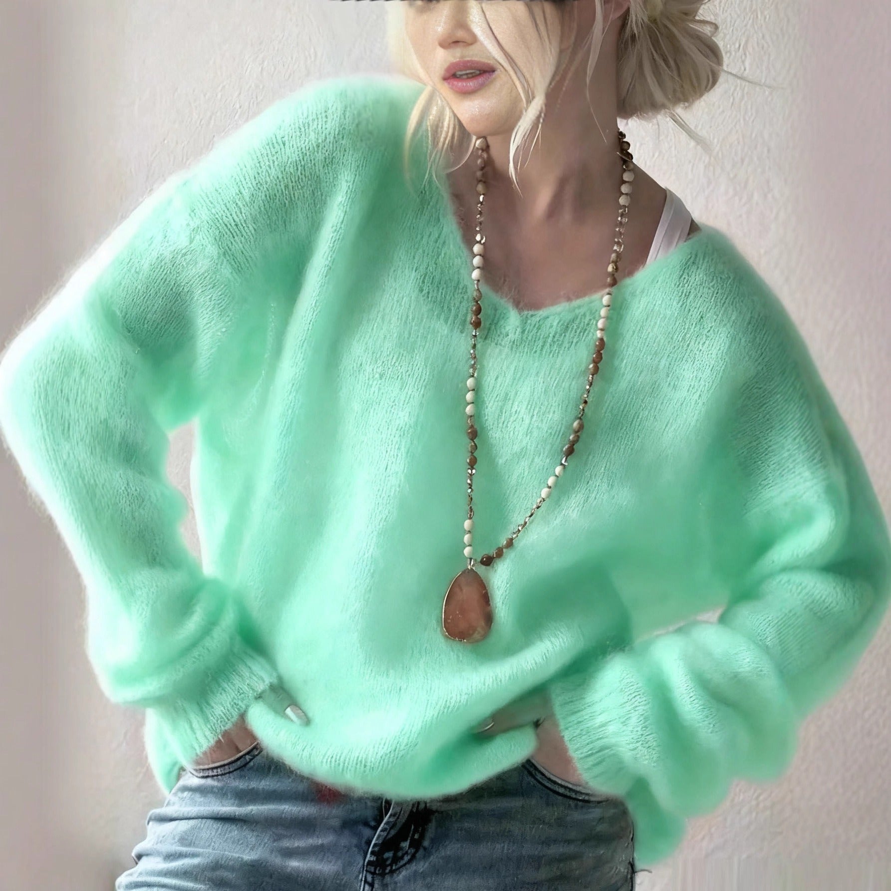 Women's Fuzzy Mohair-Like Knit Sweater | Casual V-Neck Long Sleeve Fluffy Pullover Top