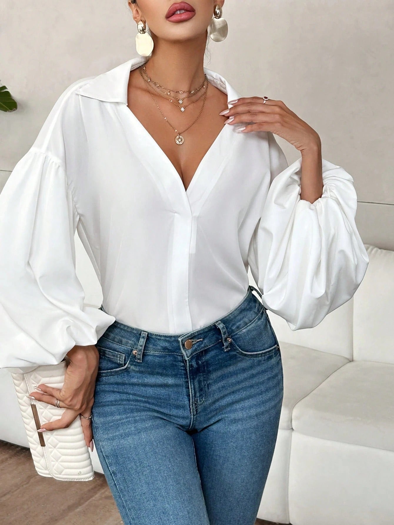 Polka Dot V-Neck Lantern Sleeve Blouse | Loose Fit Elegant Casual Pleated Shirt Top