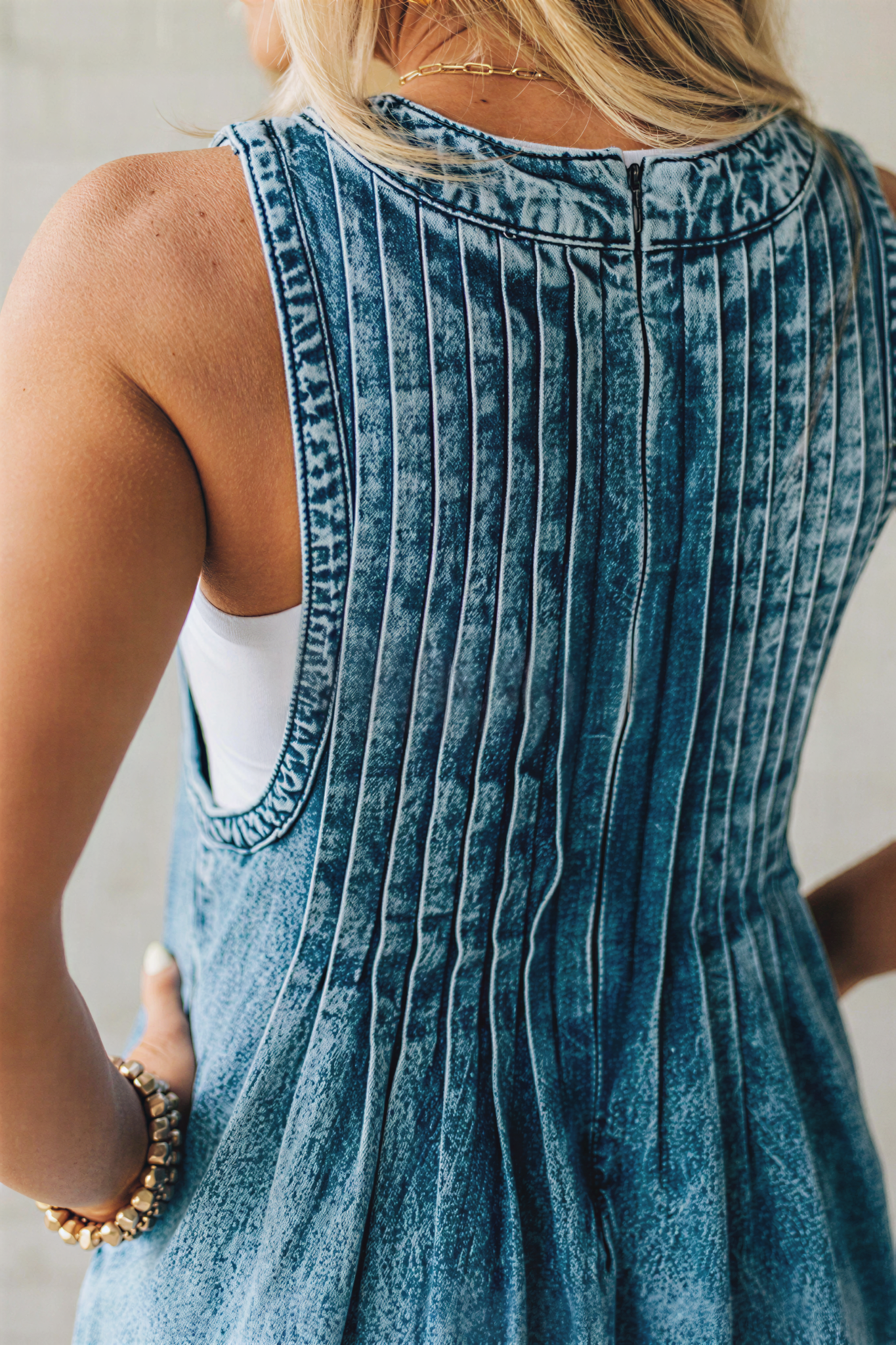 Vintage Washed Denim Wide Leg Romper for Women - Artsy V-Neck Pintuck Jumpsuit