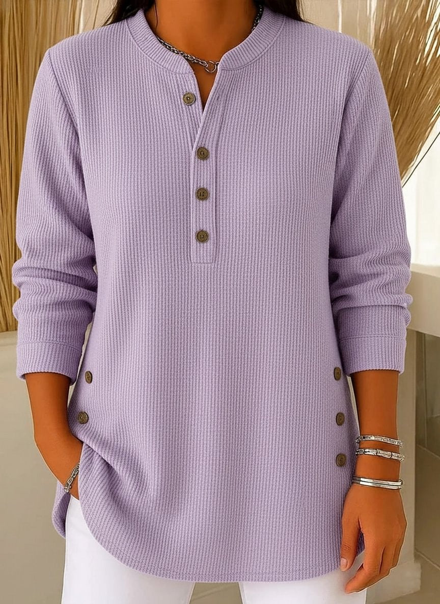 Chic Corduroy-Texture Knitted Blouse for Women - Loose Fit Side Button Tunic Jumper