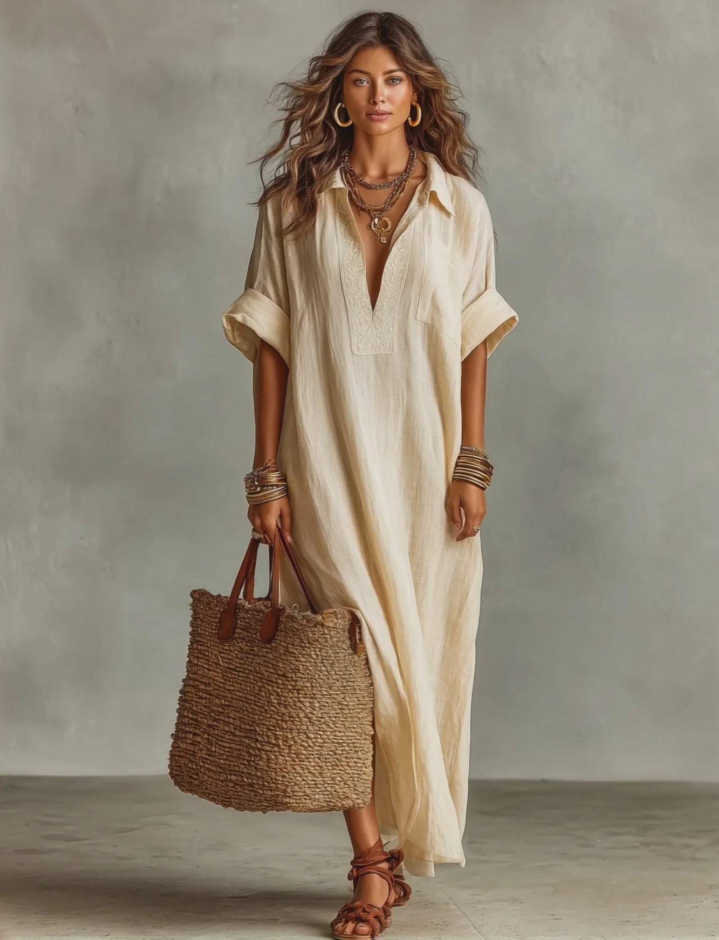 Women's Minimalist Linen-Look Maxi Dress | Casual Polo Collar Roll-Up Short Sleeve Kaftan