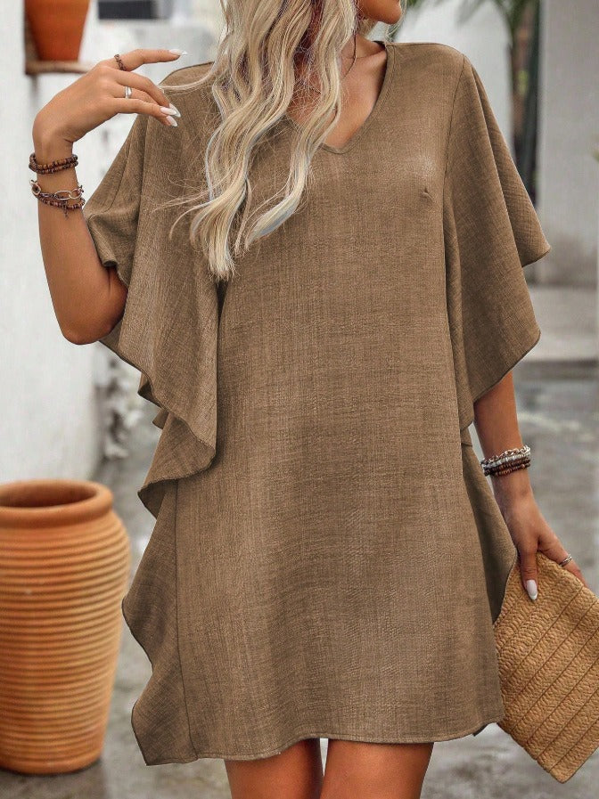 Solid V-Neck Loose Ruffle Dress | Flowy Batwing Sleeve Casual Summer Linen-Look Tunic Mini Dress