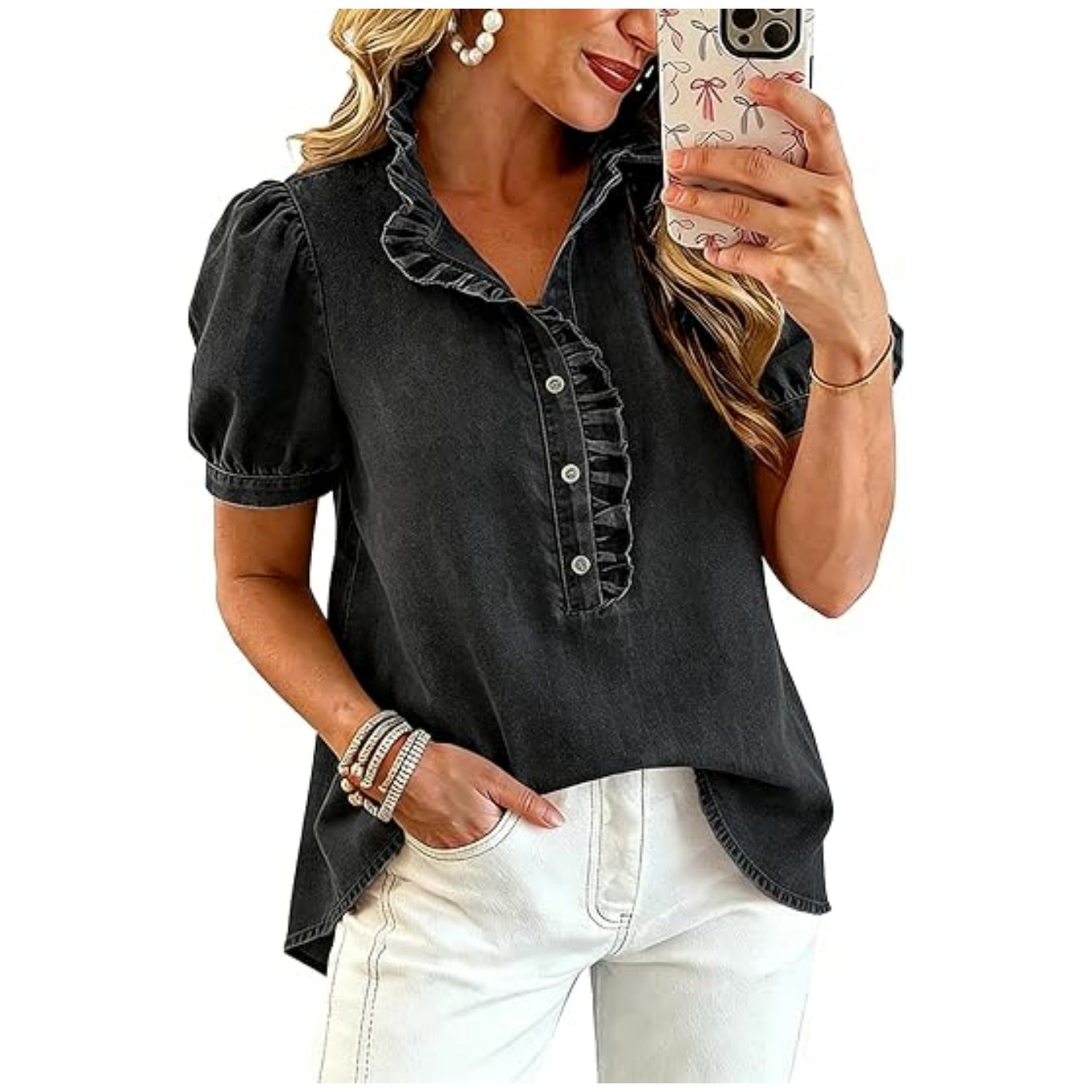 Women's Ruffle Denim Shirt Short Sleeve | Soft Washed Blue Jean Blouse with Puff Sleeves & Frill Trim
