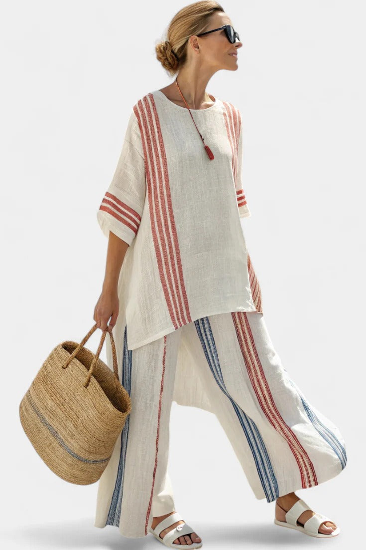 Ensembles deux pièces en mélange de lin pour femme – Haut à manches chauve-souris à rayures jaunes et bleues et pantalon à jambes larges