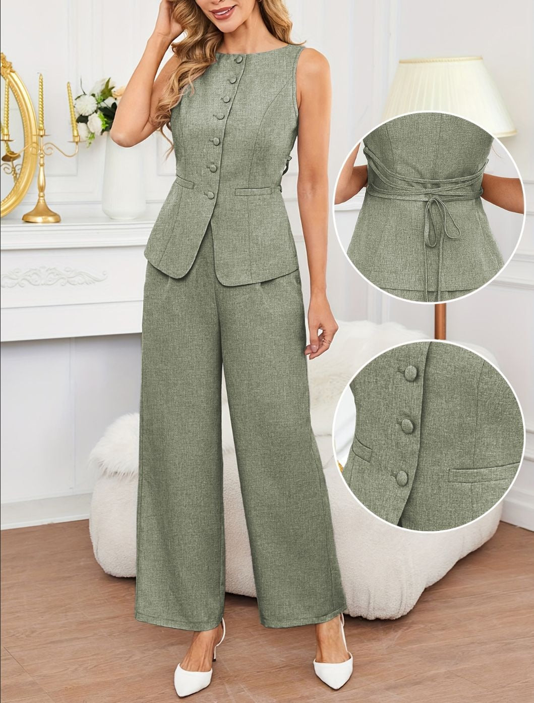 Ensemble 2 pièces sans manches PromiseGift | Gilet boutonné gris flanelle et pantalon large