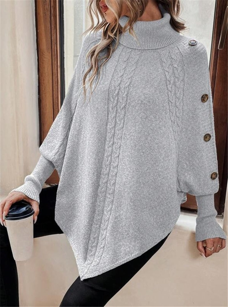 Elegant Cable Knit High Neck Poncho Sweater - Button Detail Batwing Sleeve Loose Pullover