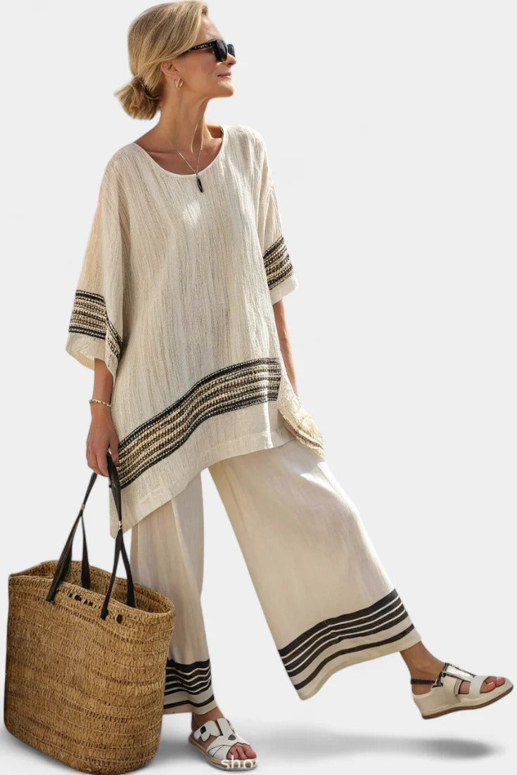 Ensembles Deux Pièces Femme Mélange Lin – Haut Manches Chauve-Souris Rayures Contrastantes et Pantalon Large, Ensemble Coordonné Boho Décontracté d'Été