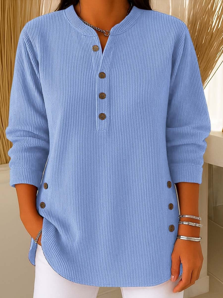 Chic Corduroy-Texture Knitted Blouse for Women - Loose Fit Side Button Tunic Jumper