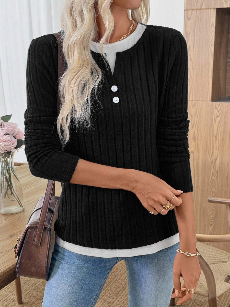 Ribbed Knit Faux Two-Piece Layered Sweater | Casual Button Decor Long Sleeve Brushed Pullover Top