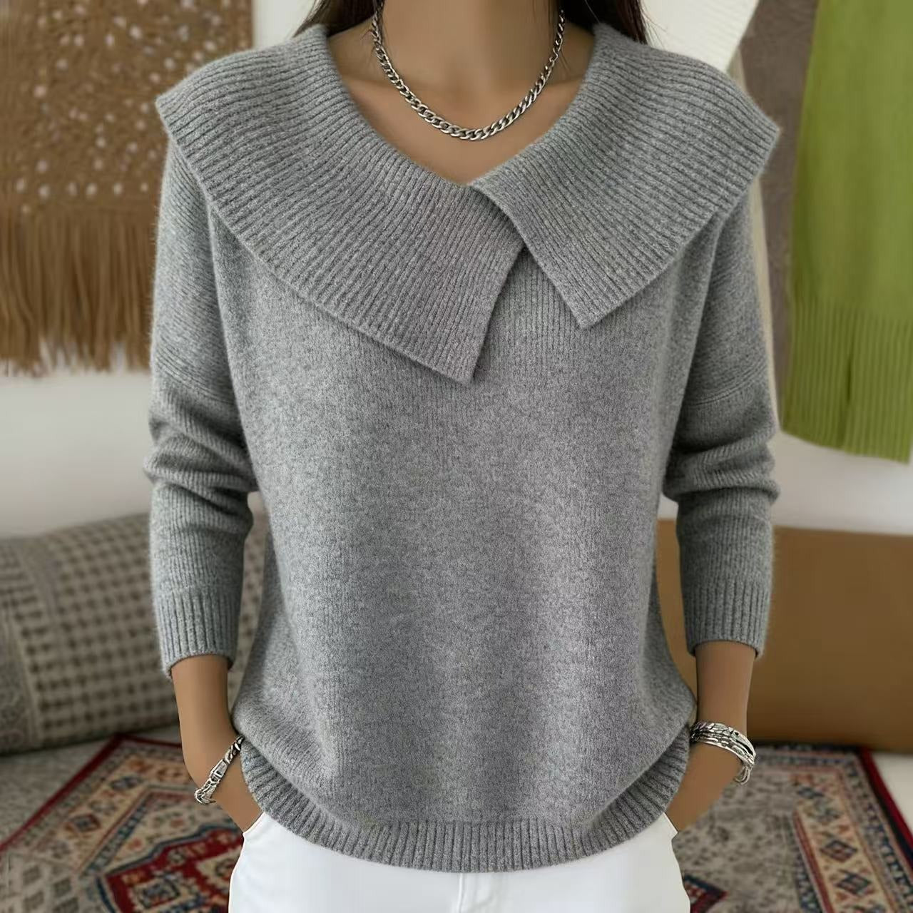 Women's Asymmetric Sailor Collar Sweater | Casual Solid Color Long Sleeve Knit Pullover