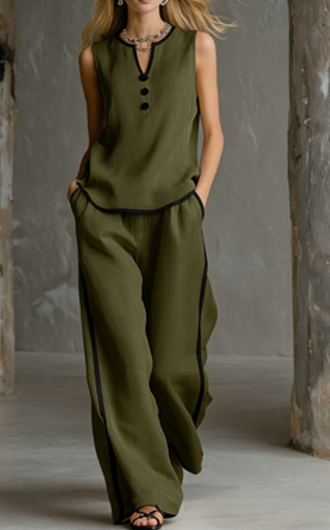 Chic Contrast Trim Knit Lounge Set - Sleeveless V-Neck Tank Top & High-Waist Wide Leg Pants 2-Piece Set