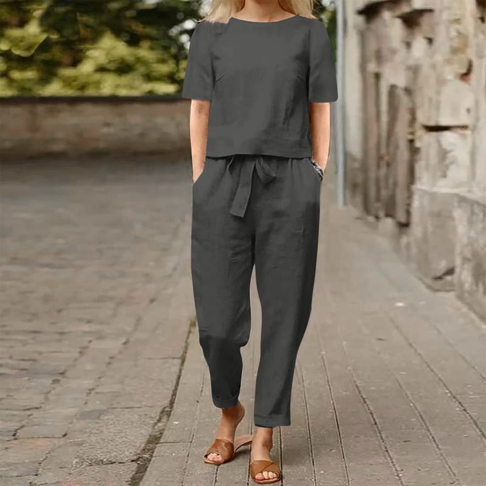 Ensemble assorti d'été minimaliste beige pour femme – Tunique chic en coton et lin et pantalon sarouel ceinturé, tenue 2 pièces légère pour le quotidien