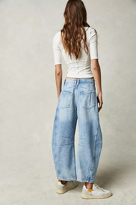 Vintage Washed Cropped Barrel Jeans for Women - Slouchy Mid-Rise Balloon Trousers