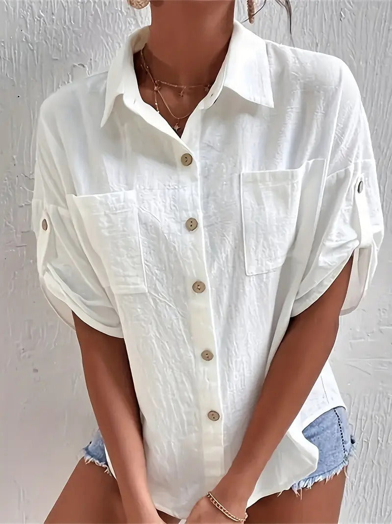 Casual Linen Blend Button-Down Shirt - Loose Fit Roll-Up Sleeve Blouse with Pockets