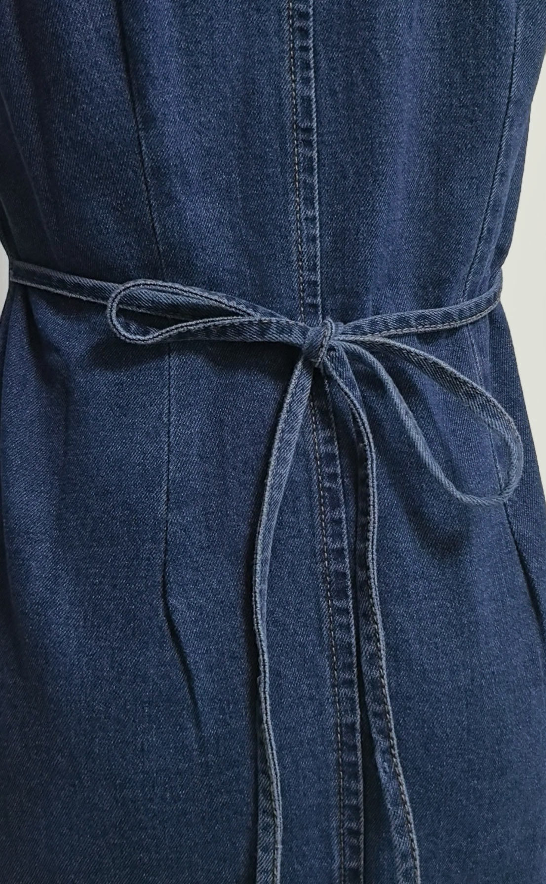 Vintage Solid Blue Denim Vest Dress for Women - Chic Tie Back Slim Fit Sundress