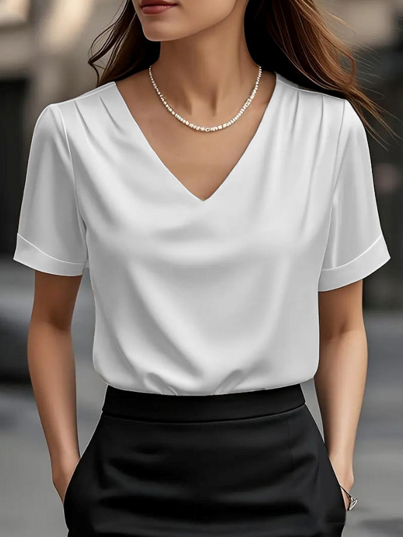 Elegant Satin V-Neck Blouse | Casual Loose Pleated Shoulder Short Sleeve Silky T-Shirt Top