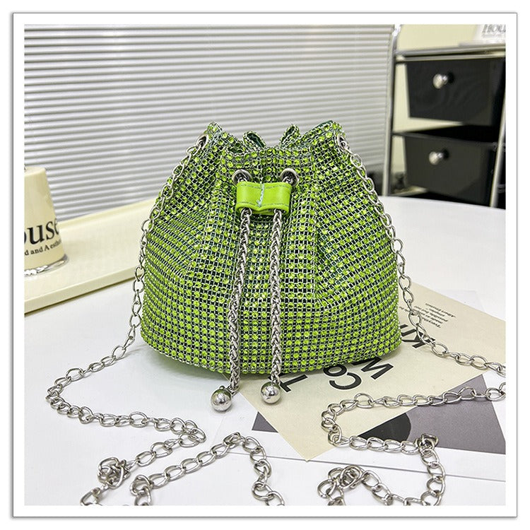 Glamorous Rhinestone Drawstring Bucket Bag - Luxury Crystal Chain Shoulder Purse & Crossbody Bag