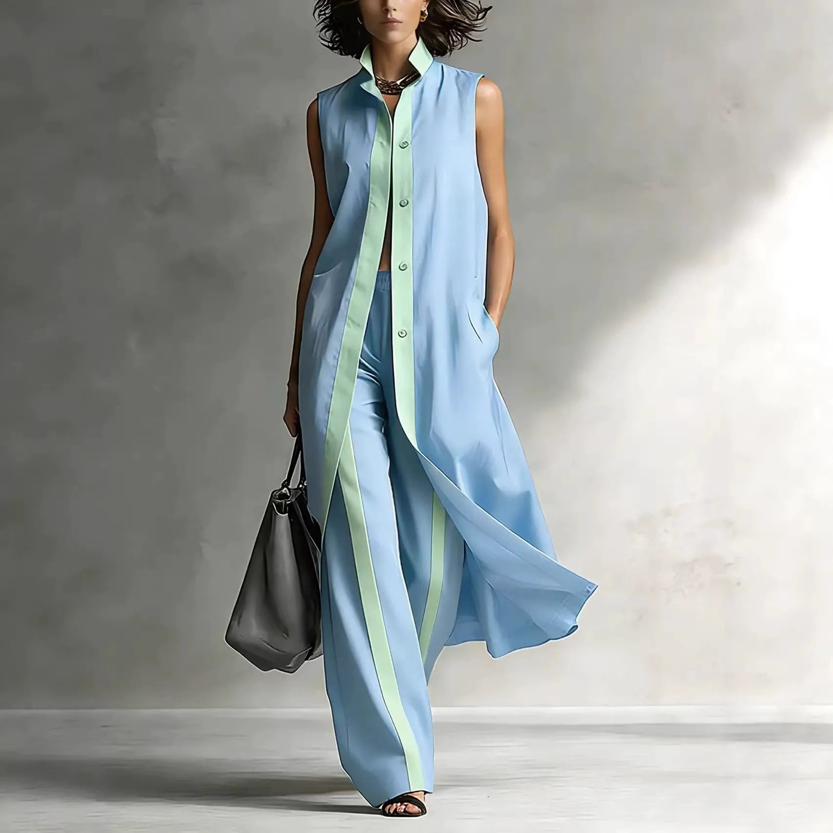 Women's Color Block 2-Piece Lounge Set | Casual Longline Sleeveless Cardigan & Wide Leg Pants Suit