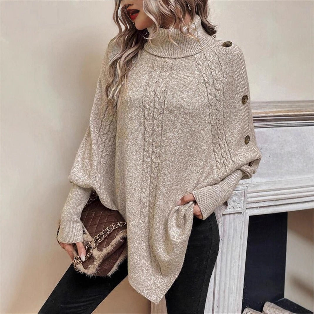 Elegant Cable Knit High Neck Poncho Sweater - Button Detail Batwing Sleeve Loose Pullover