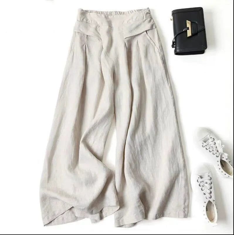 Minimalist Cotton Linen Culottes | Loose Fit High Waist Wide Leg Casual Summer Pants