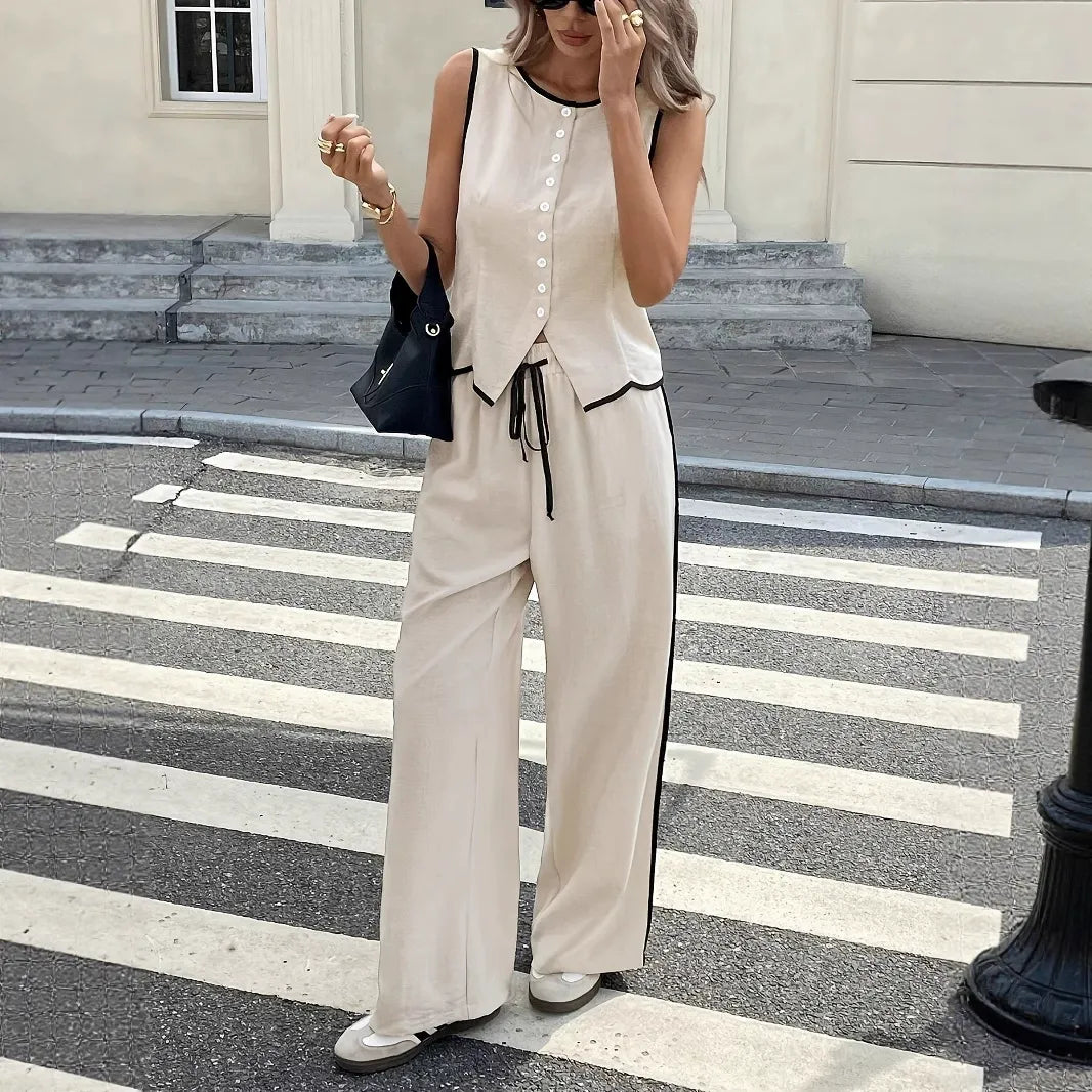 Ensemble Riviera à liseré contrastant | Gilet boutonné ajusté et pantalon large