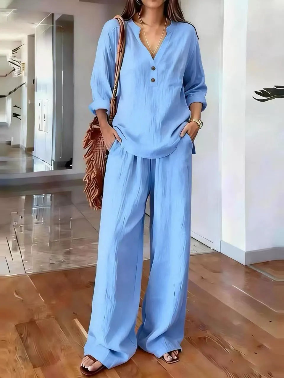 Ensembles deux pièces en mélange de lin pour femme – Haut tunique à manches longues avec col Henley en V et pantalon large, Ensemble coordonné décontracté pour les vacances d'été