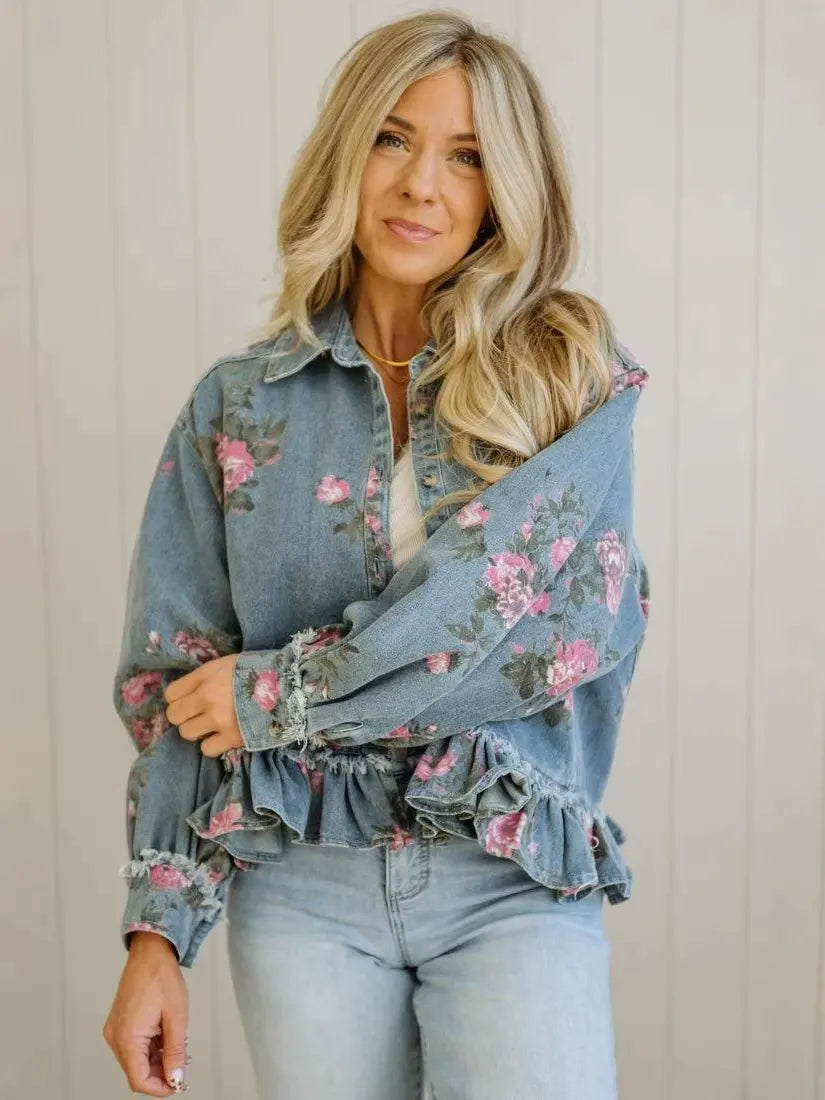 Vintage Rose Print Denim Blouse for Women - Elegant Flounce Trim Loose Fit Top
