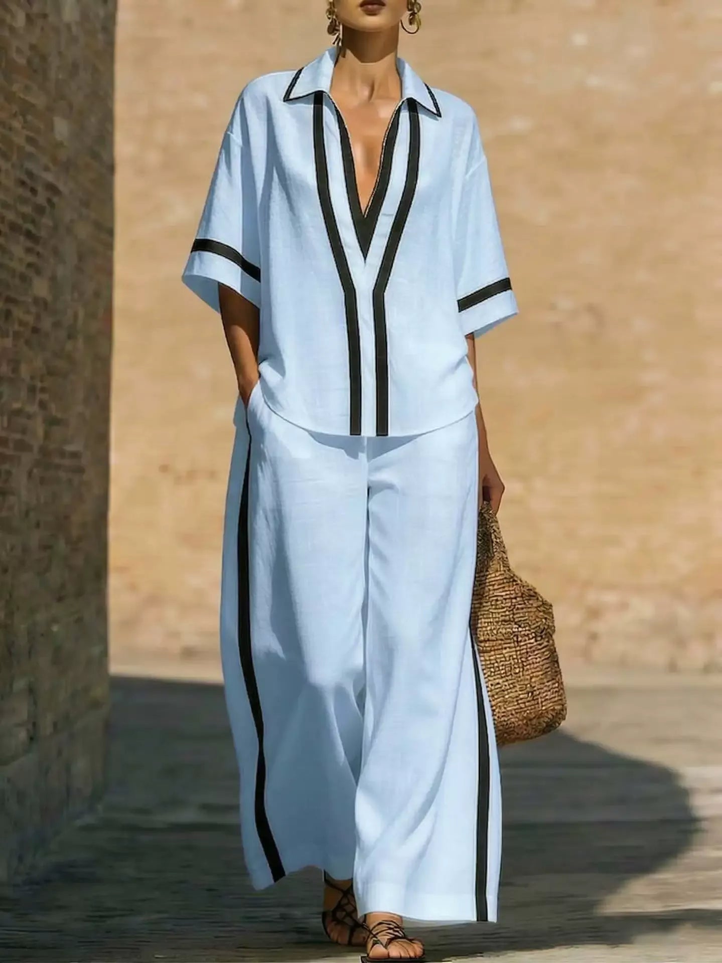 Ensemble d'été chic style marin pour femme – Tunique color block col V & pantalon palazzo fluide à rayures latérales, tenue 2 pièces de plage et resort