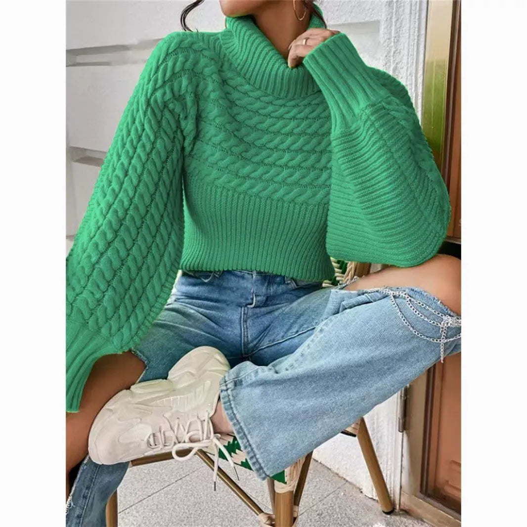 Chic Cable Knit Turtle Neck Sweater - Slouchy Lantern Sleeve Solid Pullover Knitwear
