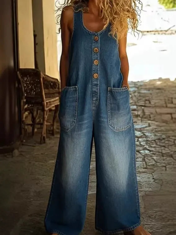 Vintage Washed Denim Scoop Neck Jumpsuit for Women - Loose Fit Harem Overalls with Pockets
