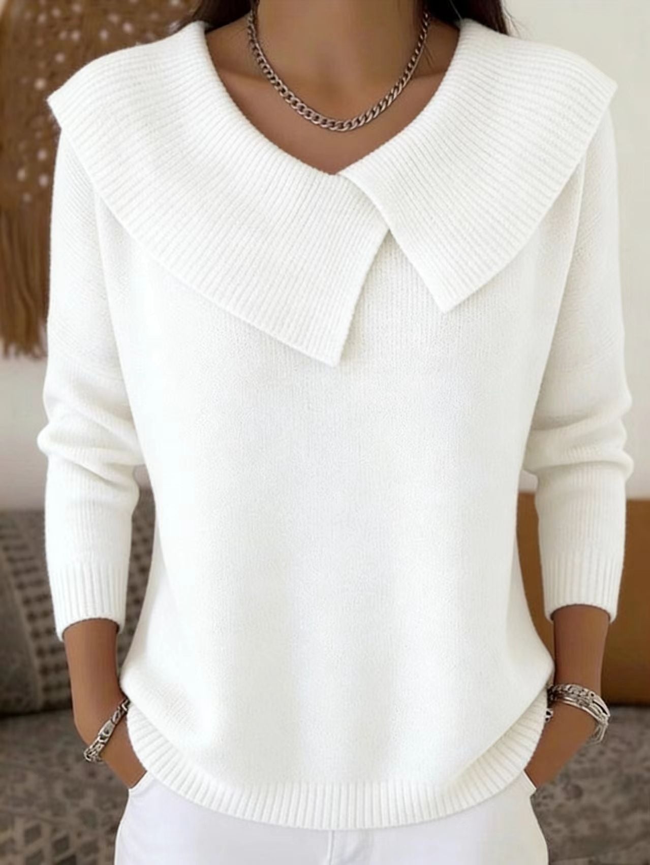 Women's Asymmetric Sailor Collar Sweater | Casual Solid Color Long Sleeve Knit Pullover