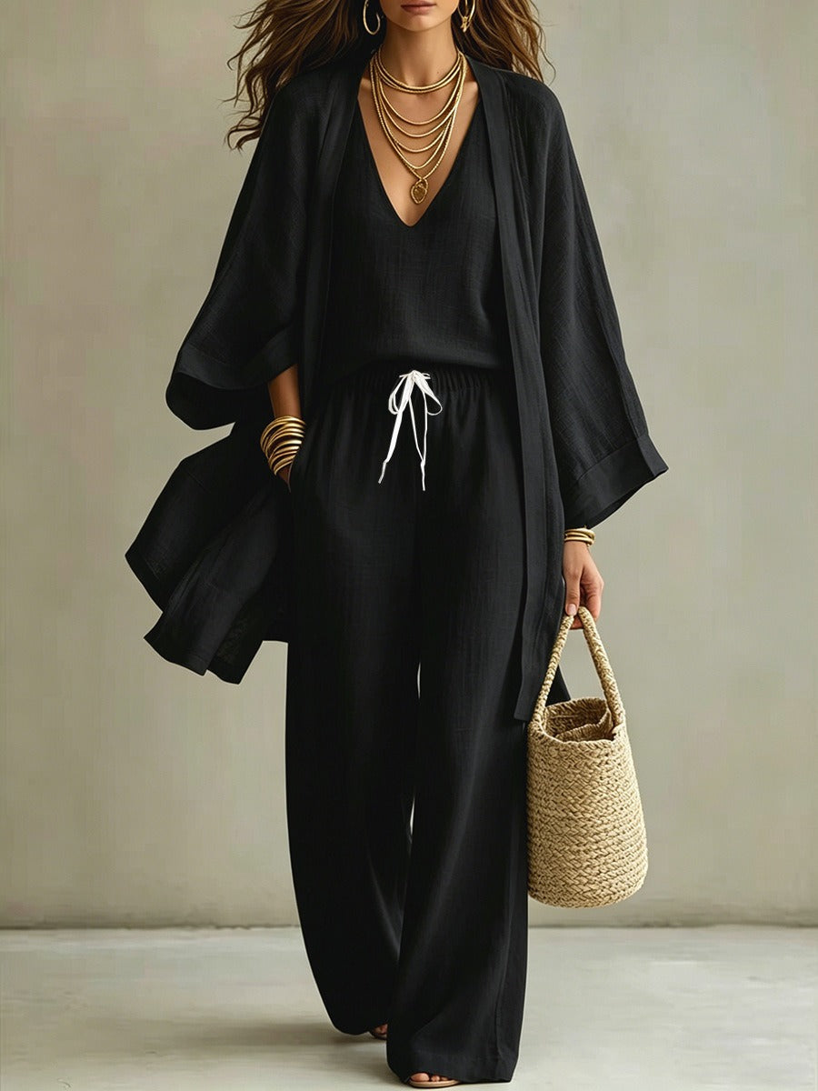 Women's Linen-Look 3-Piece Set - Oversized Cardigan, V-Neck Cami & Wide Leg Pants