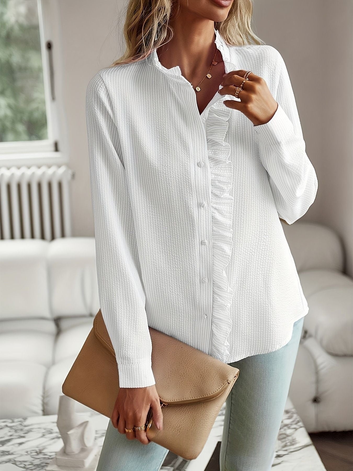 Vintage Striped Ruffle Seersucker Blouse - Long Sleeve Button-Down Stand Collar Shirt for Women