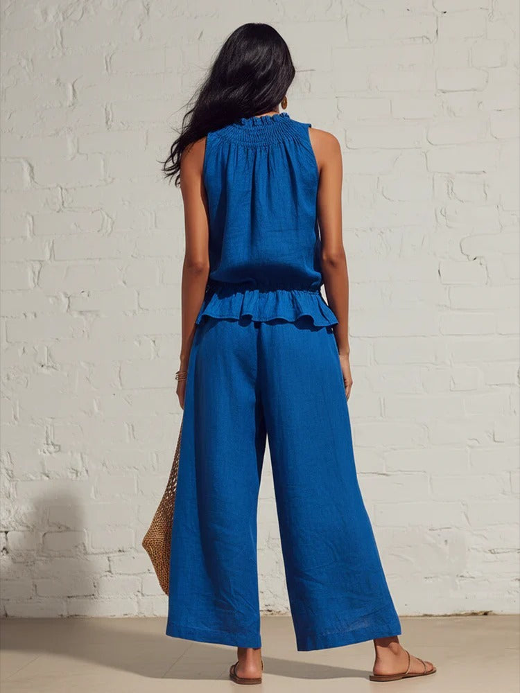 Ensemble de salon deux pièces en mélange de lin bleu roi sans manches pour l'été