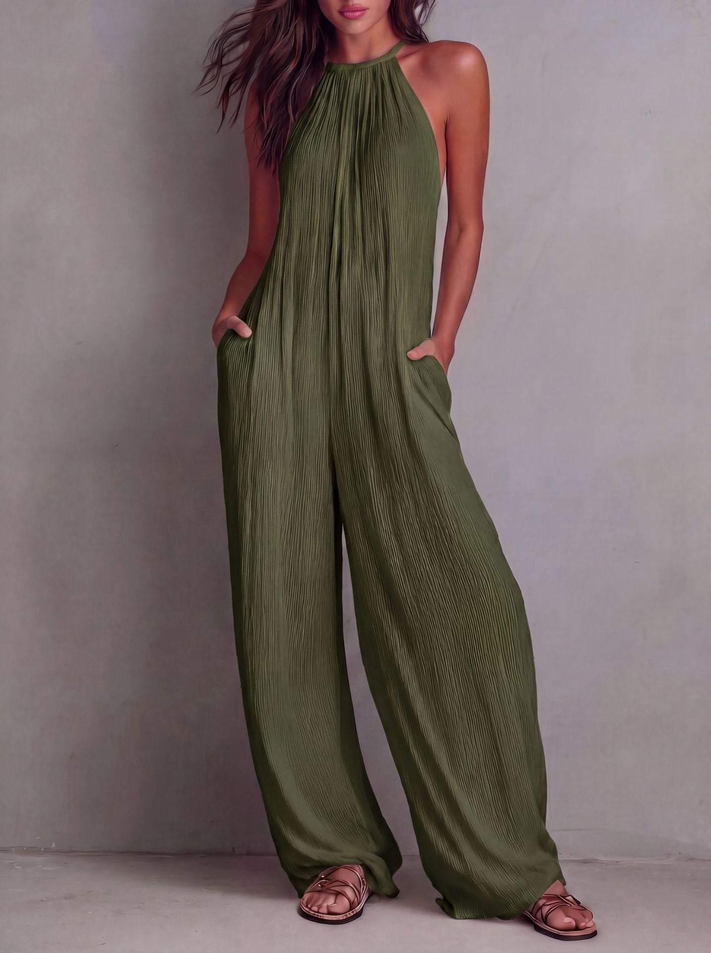 Combinaison bohème dos nu à col licou pour femme - Combi-pantalon plissée à jambes larges