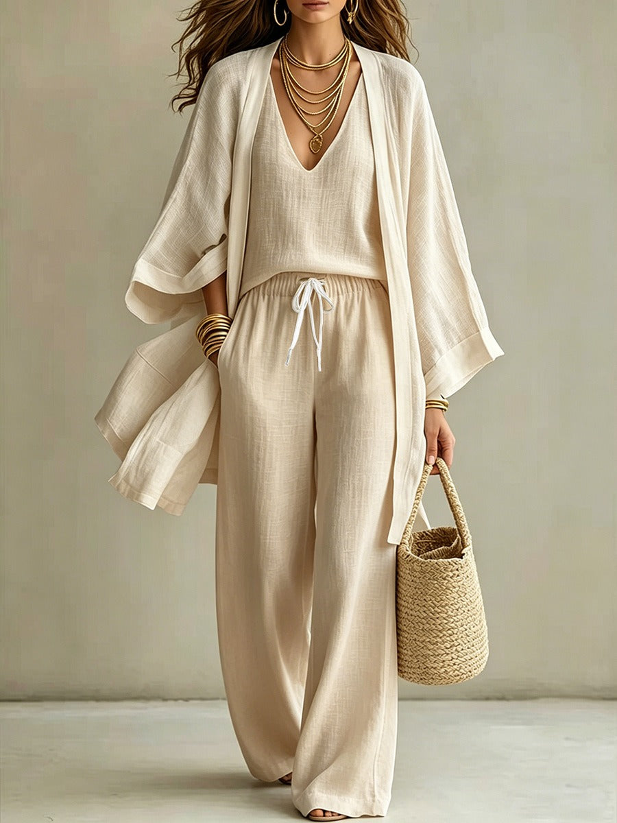 Women's Linen-Look 3-Piece Set - Oversized Cardigan, V-Neck Cami & Wide Leg Pants