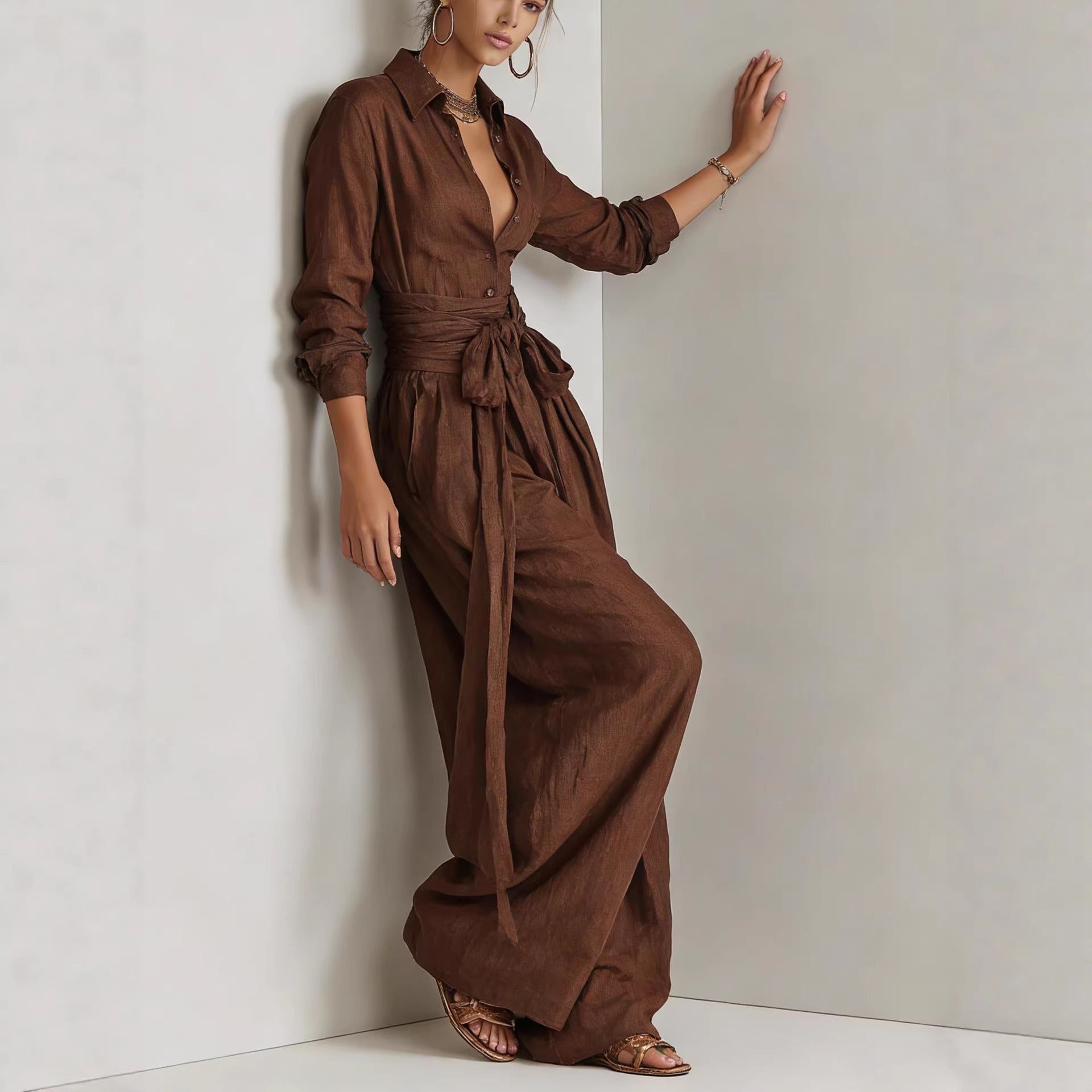 Women's Linen-Look 2-Piece Resort Set | Casual Button Shirt & Wide Leg Pants Suit