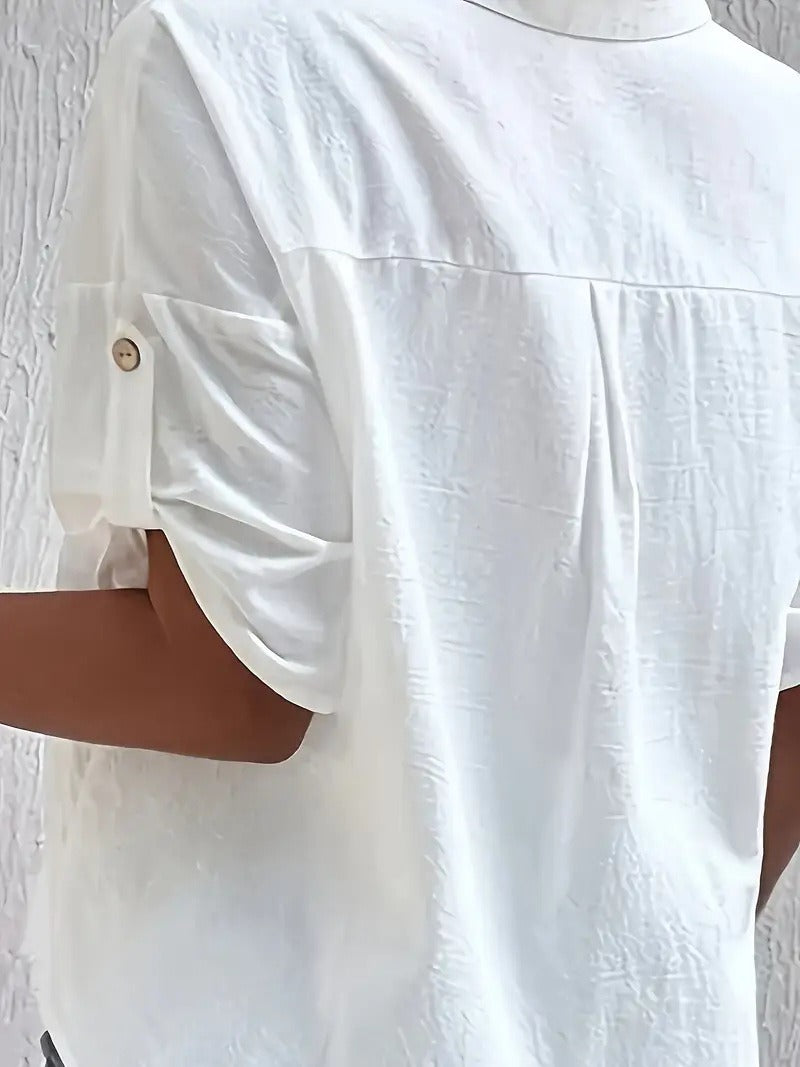 Casual Linen Blend Button-Down Shirt - Loose Fit Roll-Up Sleeve Blouse with Pockets