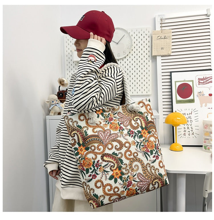 Bohemian Paisley Print Canvas Beach Tote Bag - Large Capacity Summer Vacation Travel Handbag with Rope Handles