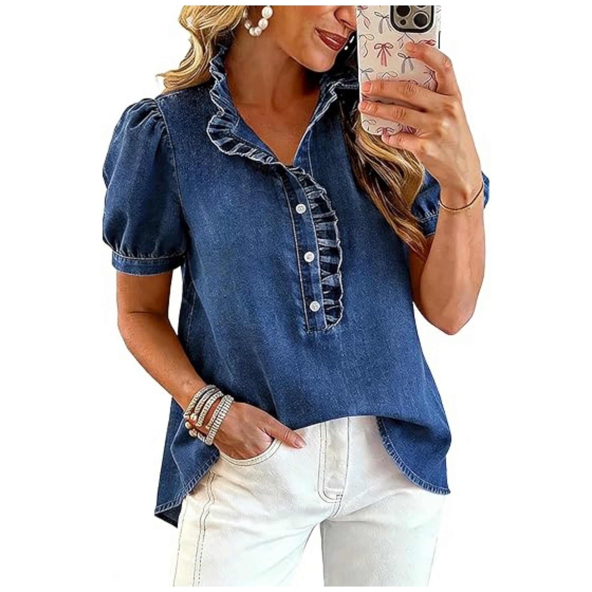 Women's Ruffle Denim Shirt Short Sleeve | Soft Washed Blue Jean Blouse with Puff Sleeves & Frill Trim