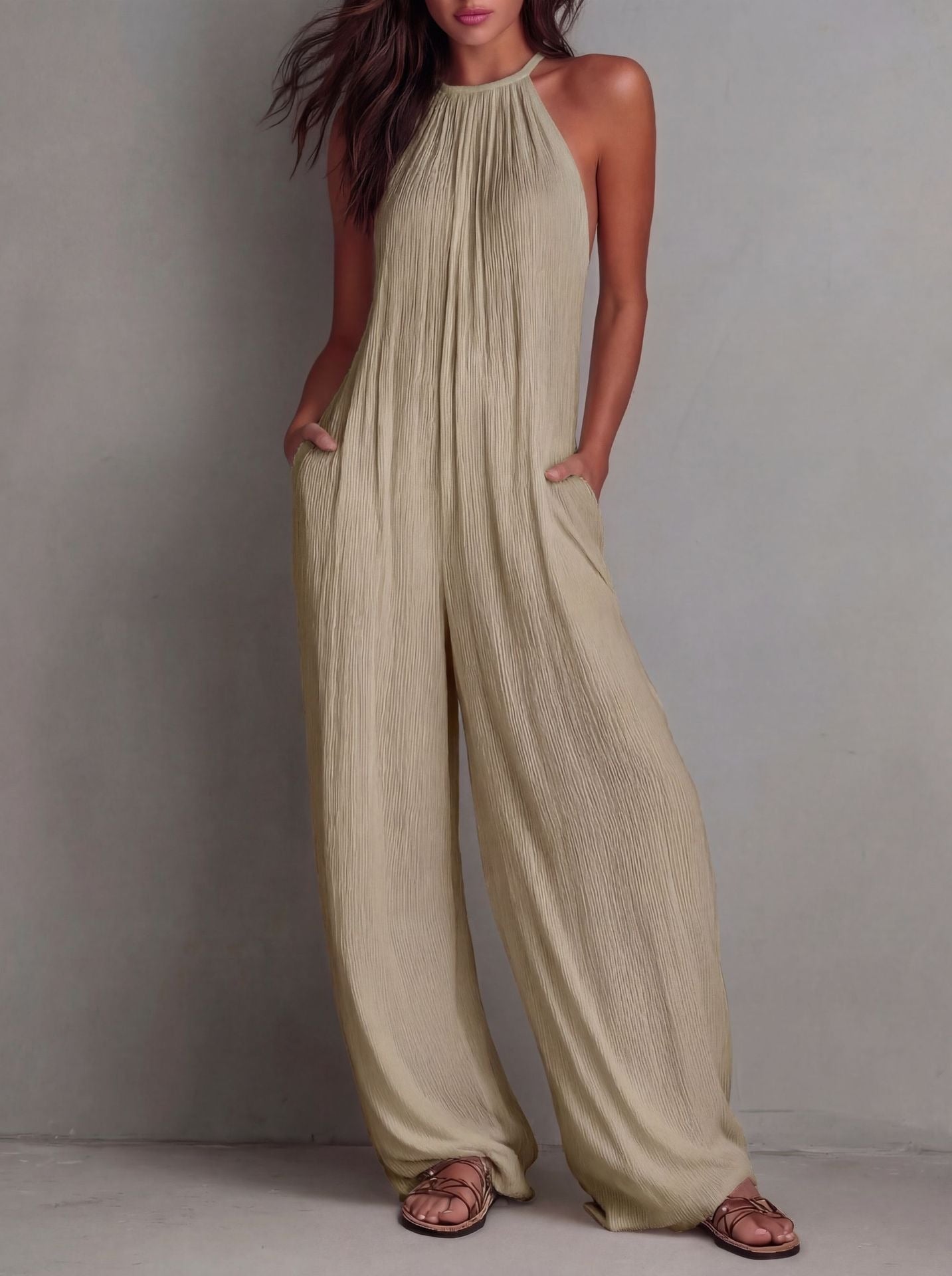 Combinaison bohème dos nu à col licou pour femme - Combi-pantalon plissée à jambes larges