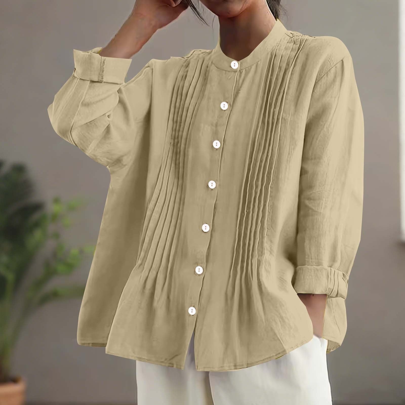 Women's Casual Cotton And Linen Pleated Shirt