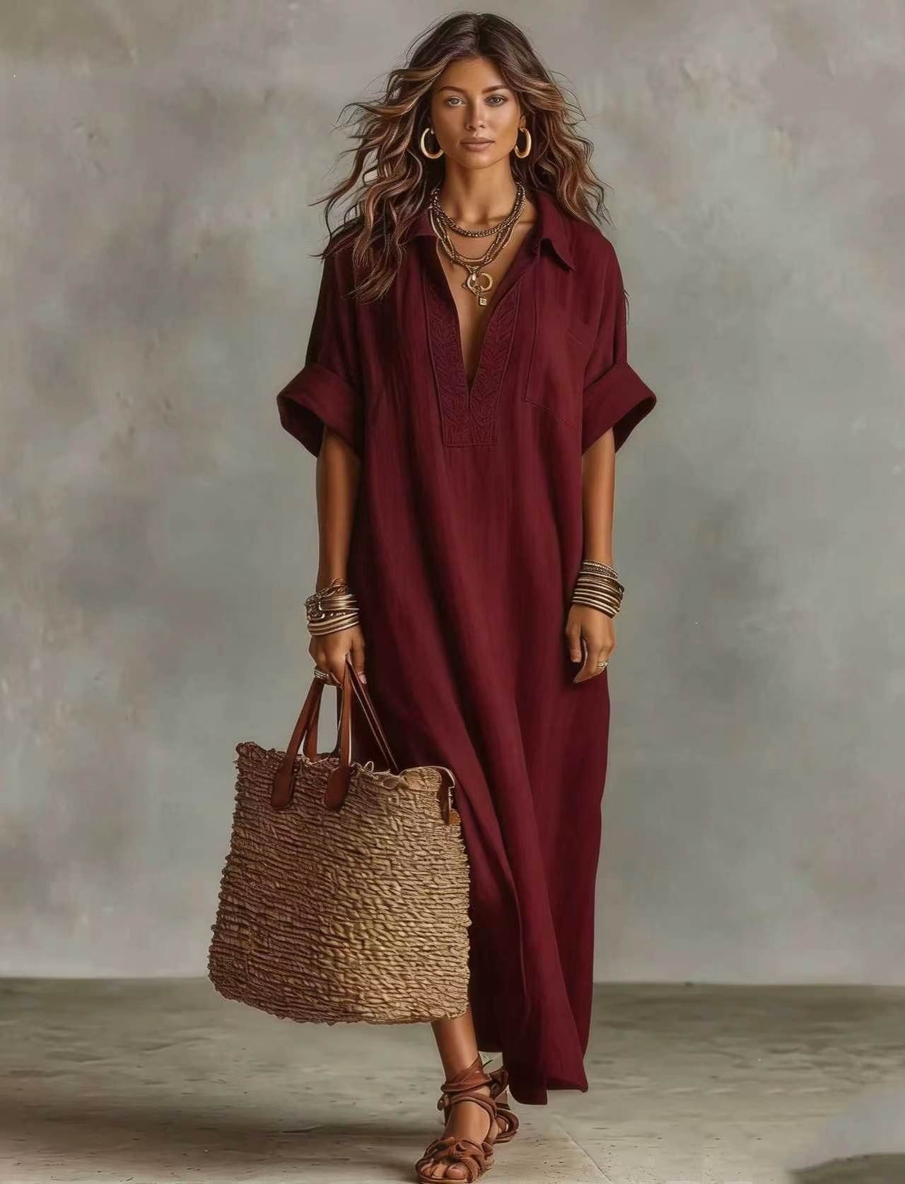 Women's Minimalist Linen-Look Maxi Dress | Casual Polo Collar Roll-Up Short Sleeve Kaftan