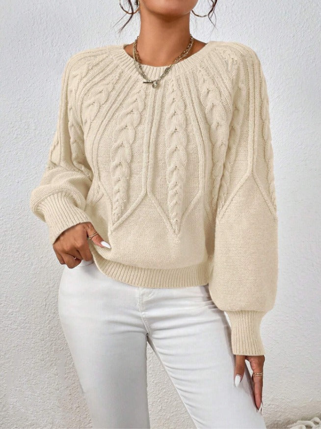 Women's Cable Knit Pullover Sweater | Casual Round Neck Long Sleeve Ribbed Jumper Top