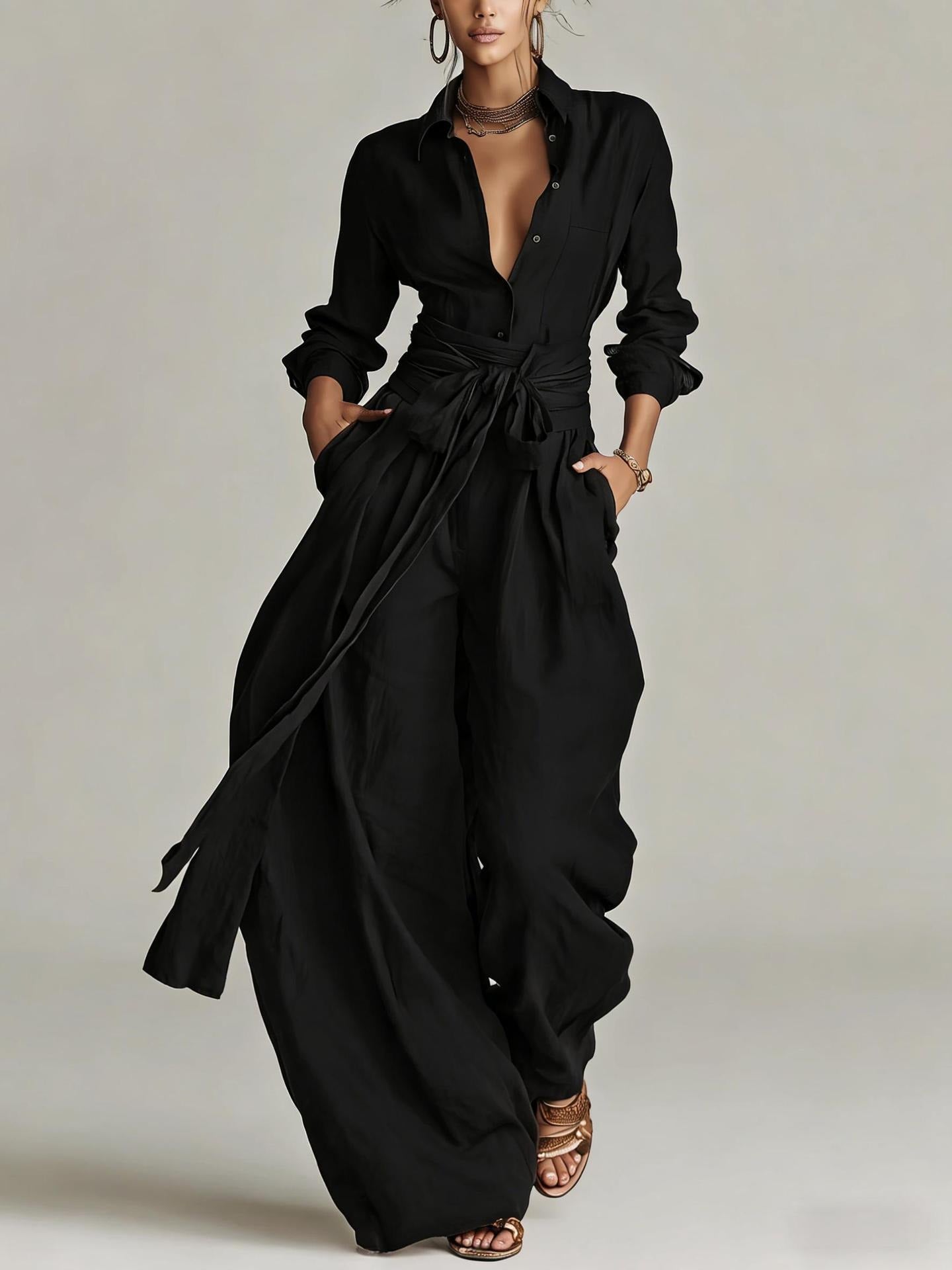Women's Linen-Look 2-Piece Resort Set | Casual Button Shirt & Wide Leg Pants Suit