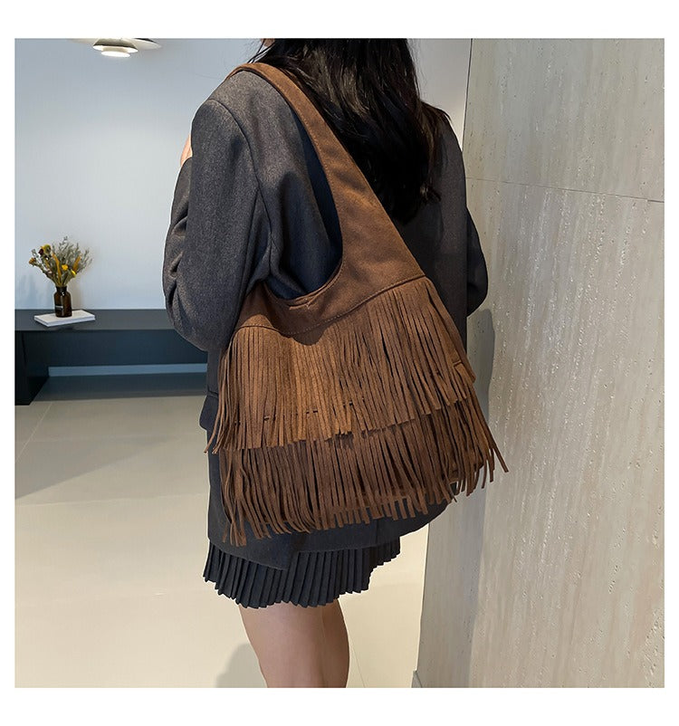 Bohemian Faux Suede Fringe Hobo Bag - Vintage Western Multi-Layer Tassel Large Capacity Shoulder Tote Purse
