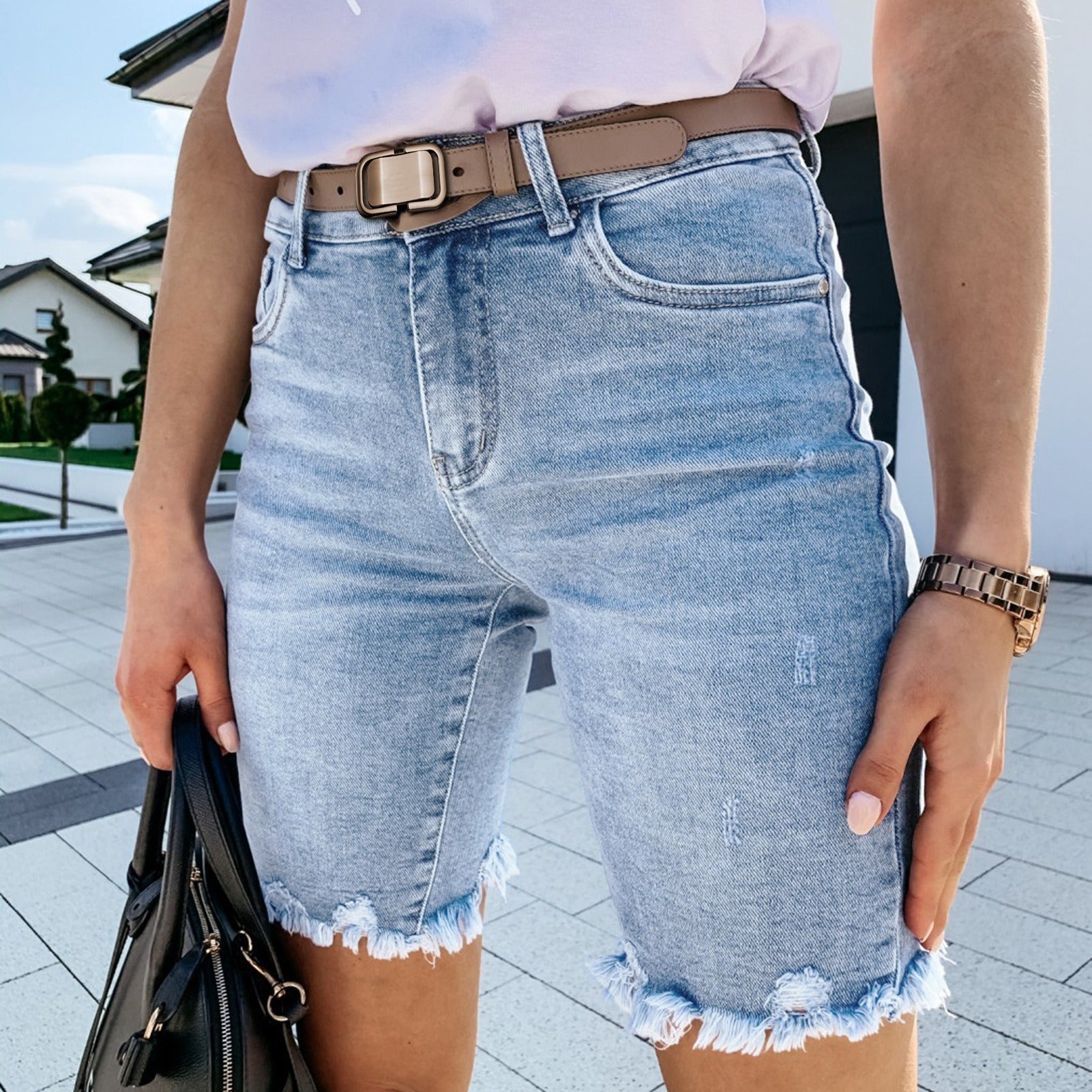 Women’s High Waist Distressed Denim Bermuda Shorts with Frayed Raw Hem