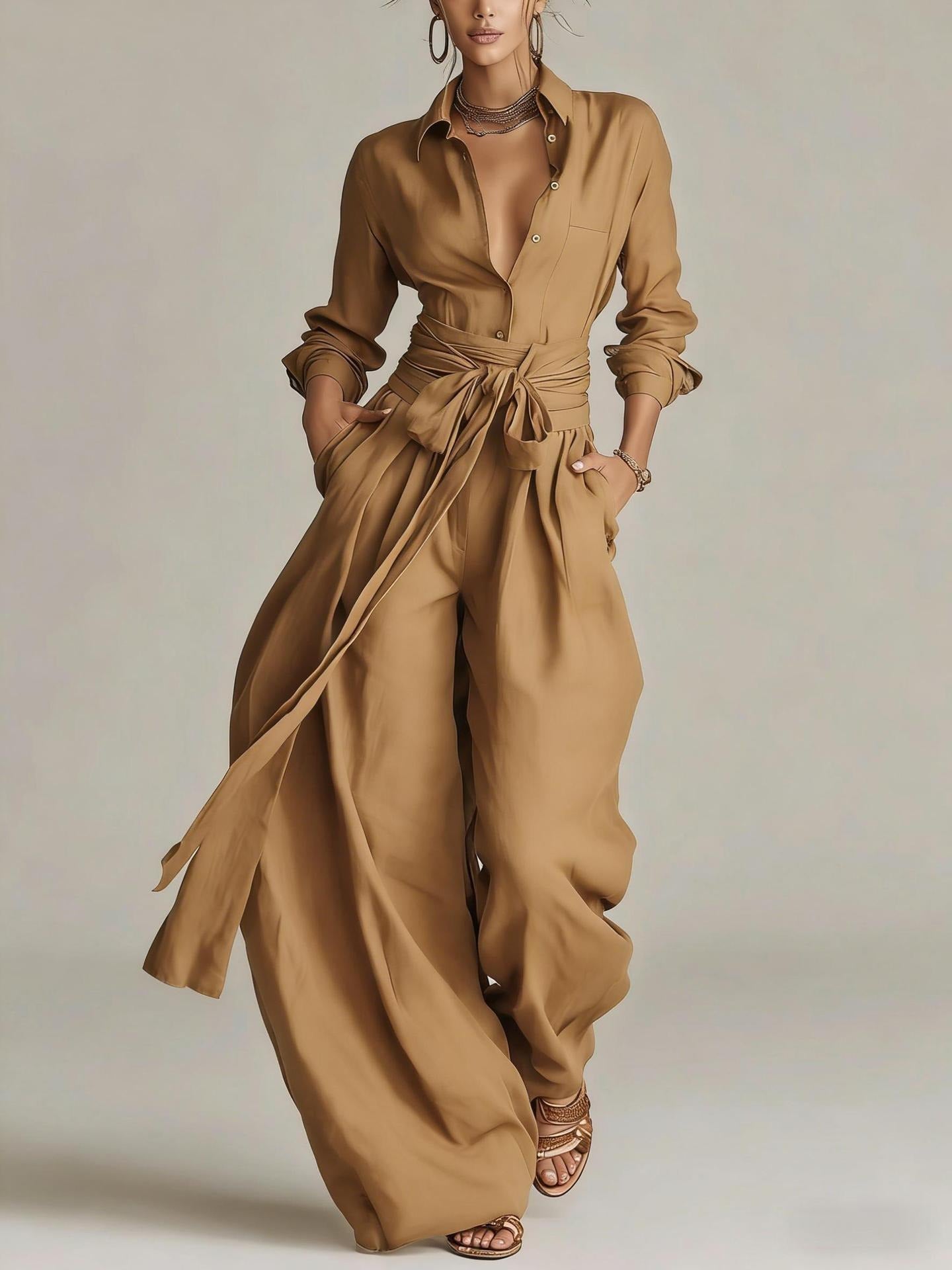 Women's Linen-Look 2-Piece Resort Set | Casual Button Shirt & Wide Leg Pants Suit