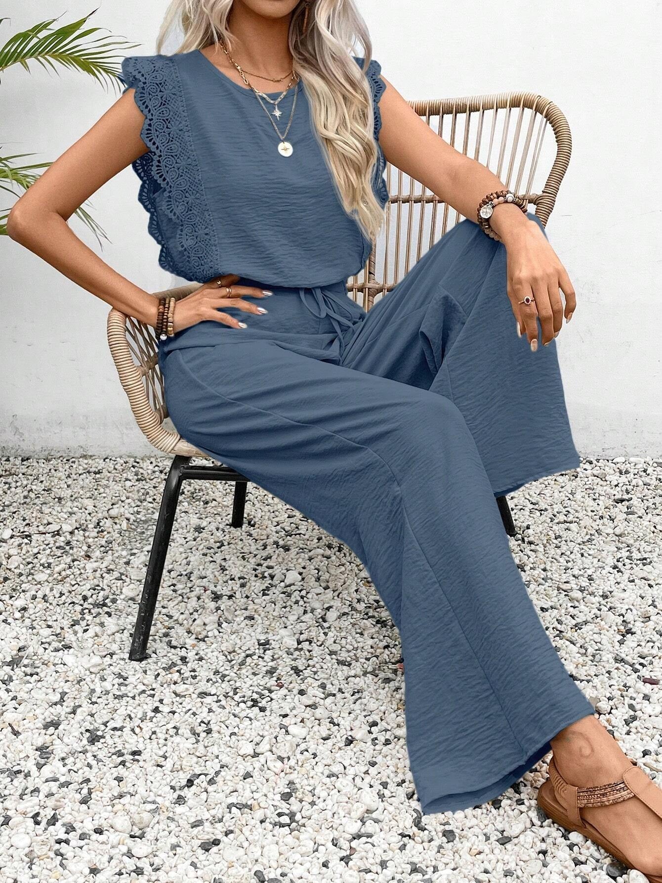 Boho Two-Piece Matching Set | Sleeveless Lace Trim Top & Drawstring Wide Leg Pants Suit