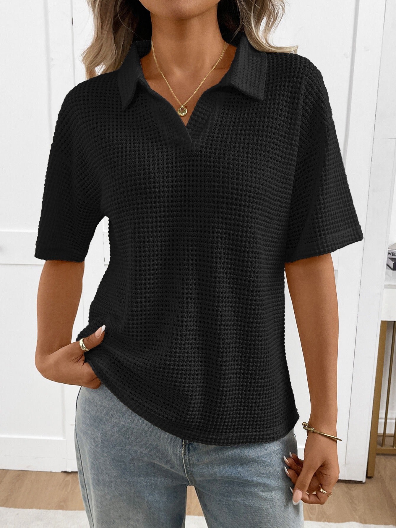 Striped Knit Polo Neck Short Sleeve Top | Casual Loose Fit V-Neck Pullover Breathable Sweater Blouse